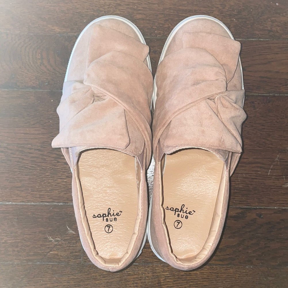 Blush pink suede Sophie Sue slip ons, size 7